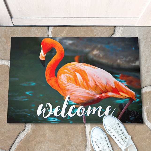 Pink Flamingo Photo Welcome Script Cute Colorful Doormat (Creator Uploaded)