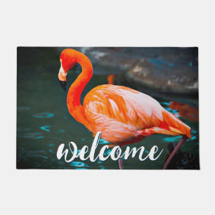 Pink Flamingo Photo Welcome Script Cute Colorful Doormat
