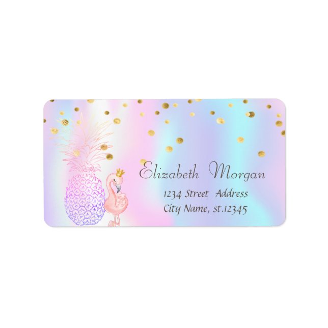 Pink Flamingo Pineapple Gold Confetti Holographic Label (Front)