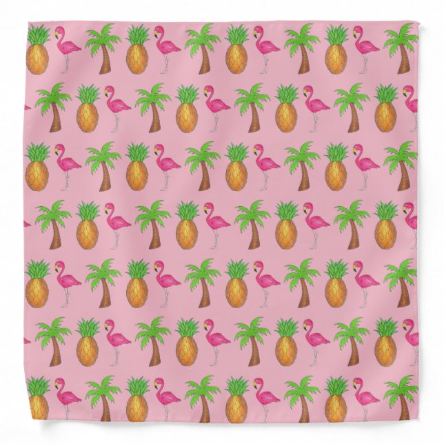 Pink Flamingo Pineapple Palm Tree Tropical Island Bandana (Front)