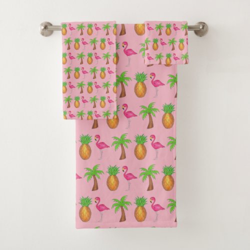 Pink Flamingo Pineapple Palm Tree Tropical Island Bath Towel Set