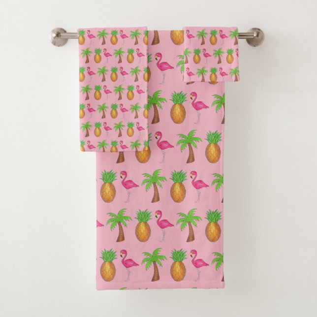Pink Flamingo Pineapple Palm Tree Tropical Island Bath Towel Set (Insitu)