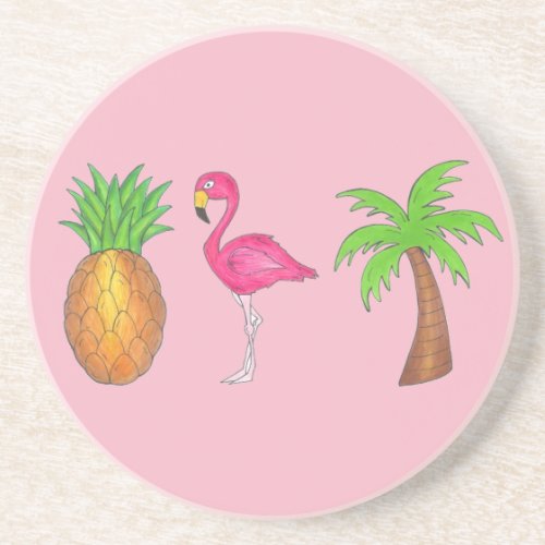 Pink Flamingo Pineapple Palm Tree Tropical Island Coaster