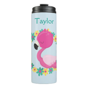 Pink Flamingo Pink and Blue Flowers Thermal Tumbler