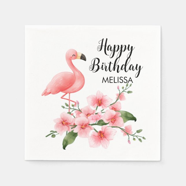 Pink Flamingo Pink Orchid Flora Birthday Napkins (Front)