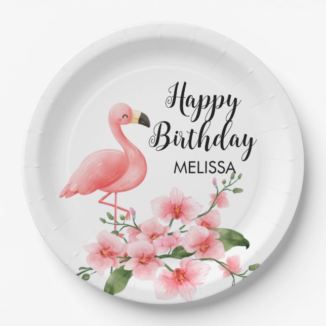 Pink Flamingo Pink Orchid Flora Birthday Paper Plates (Front)