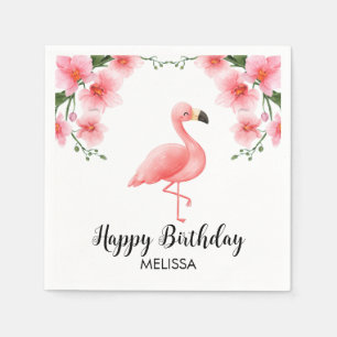 Pink Flamingo Pink Orchid Flower Birthday Napkins