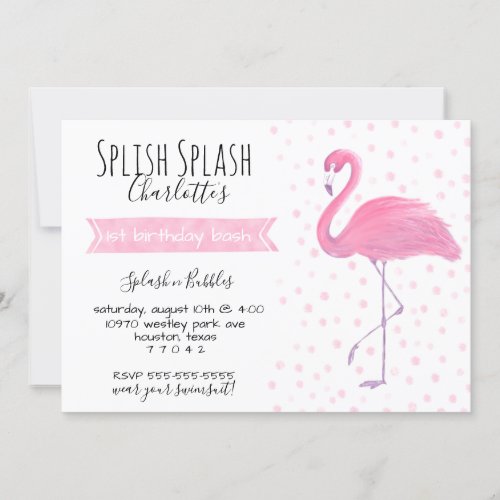 Pink flamingo polk_a_dot 1st birthday  invitation