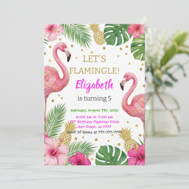 Pink Flamingo Pool Birthday Party Invitation (Standing Front)