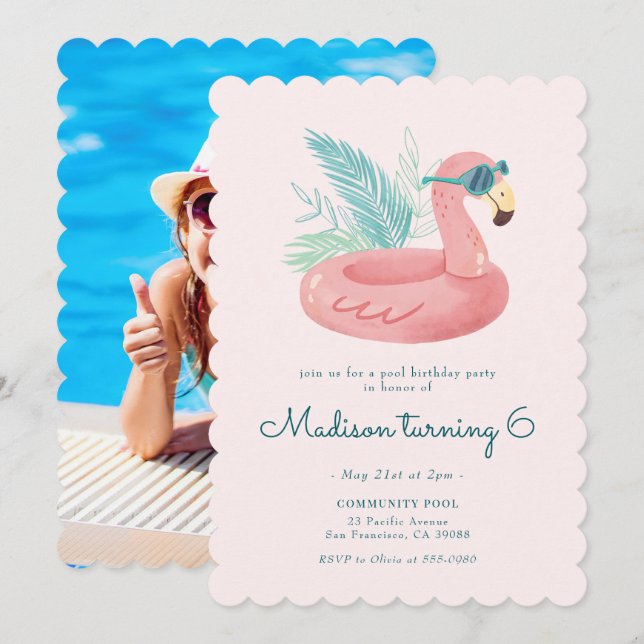Pink Flamingo Pool Birthday Party Invitation (Front/Back)