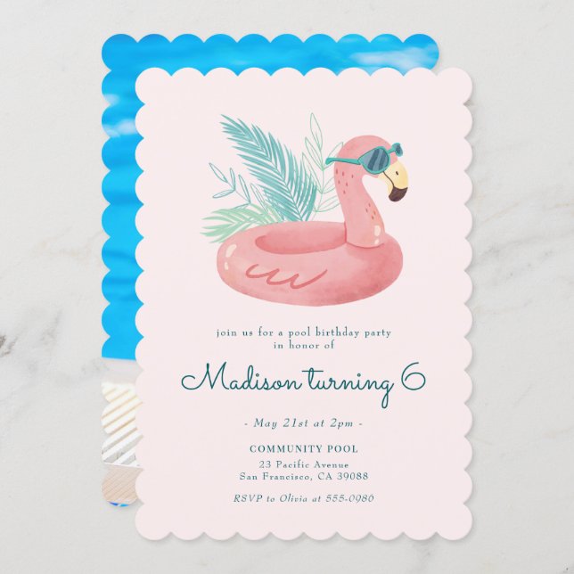 Pink Flamingo Pool Birthday Party Invitation (Front/Back)