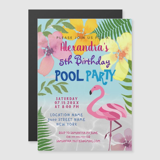 Pink Flamingo Pool Party Birthday Magnetic Invitation (Front/Back)