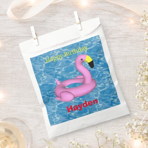 Pink flamingo pool toy favor bag