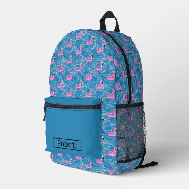 Pink flamingo pool toy printed backpack (Back Corner Right)