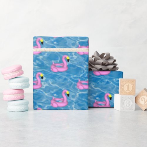 Pink flamingo pool toy wrapping paper