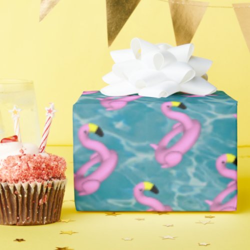 Pink flamingo pool toy wrapping paper