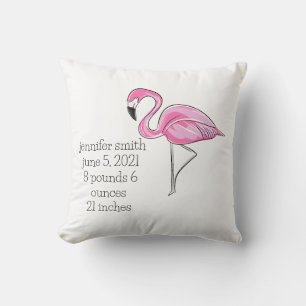 Pink Flamingo Preppy Personalized Birth Stats Throw Pillow