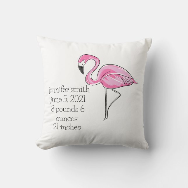 Pink Flamingo Preppy Personalized Birth Stats Throw Pillow (Front)