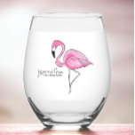 Pink Flamingo Preppy Personalized Stemless Wine Glass<br><div class="desc">This cute flamingo wine glass is perfect for a girls' weekend,  beach week,  or birthday. Personalize with a name. The pink flamingo can be found on other items in my store,  PageCreativeDesigns.</div>