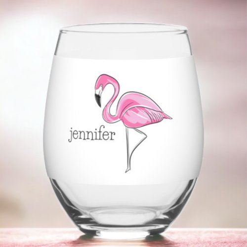 Pink Flamingo Preppy Personalized Stemless Wine Glass