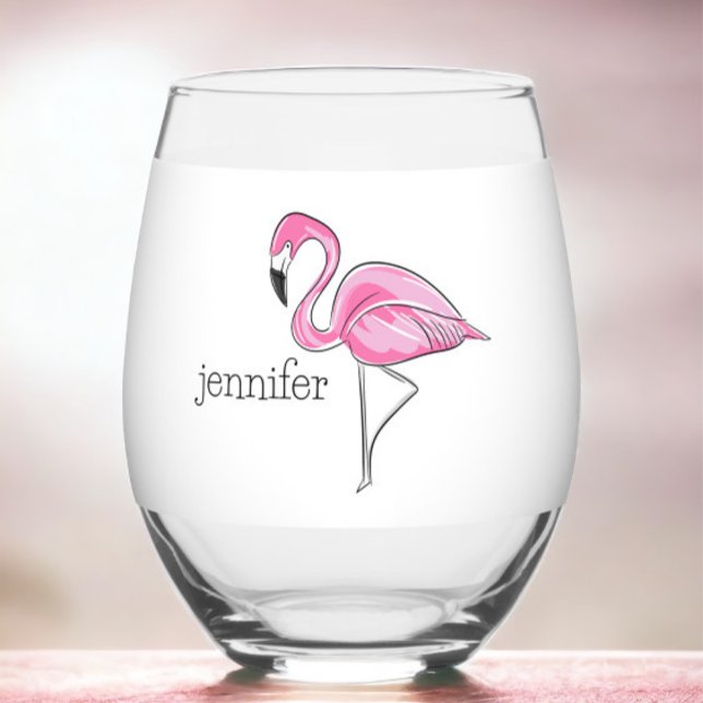 Pink Flamingo Preppy Personalized Stemless Wine Glass (Creator Uploaded)