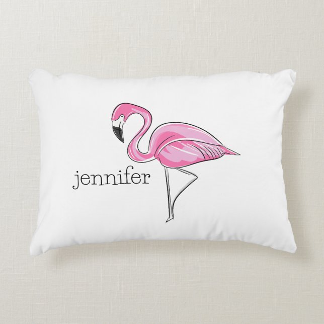Pink Flamingo Preppy Tropical Personalized Accent Pillow (Front)