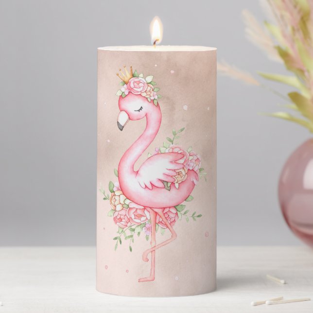 Pink Flamingo Princess Gold Crown Pink Roses Pilla Pillar Candle (In Situ)