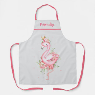Pink Flamingo Princess Gold Crown Rose Bouquet Apron