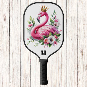 Pink Flamingo Queen Modern Monogram Pickleball Paddle