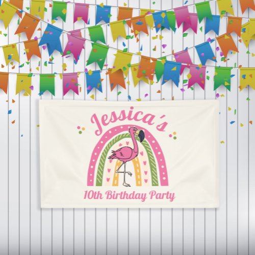 Pink Flamingo Rainbow Girls Birthday Name Date  Banner