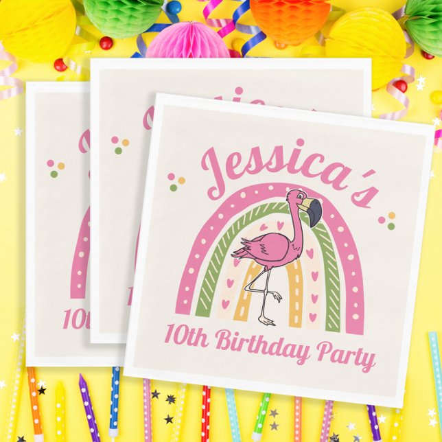 Pink Flamingo Rainbow Girl's Birthday Name Date Napkins (Creator Uploaded)