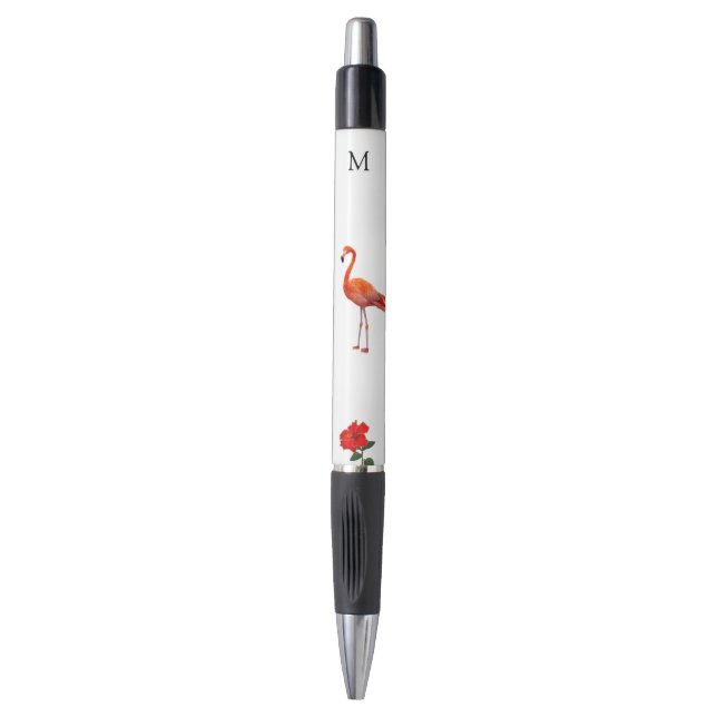 Pink Flamingo, Red Hibiscus Flower & Monogram Pen (Front Vertical)