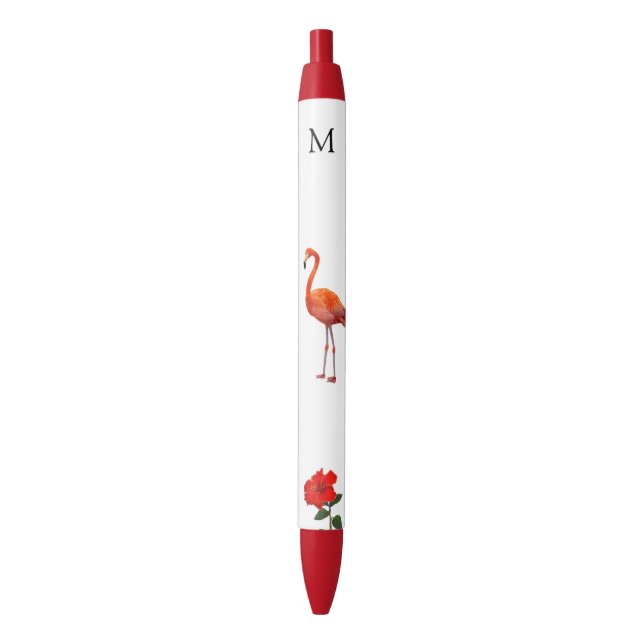 Pink Flamingo, Red Hibiscus Flower & Monogram  Pen (Front Vertical)