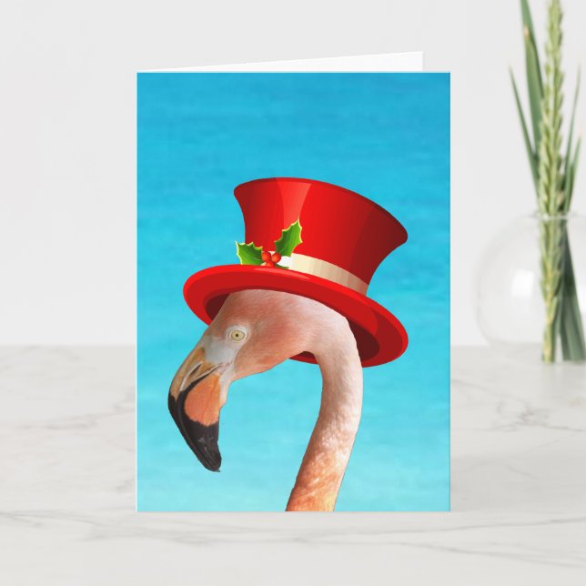 Pink Flamingo Red Top hat Holiday Card (Front)