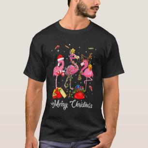 Pink Flamingo Reindeer Santa Hat Funny Merry Chris T-Shirt