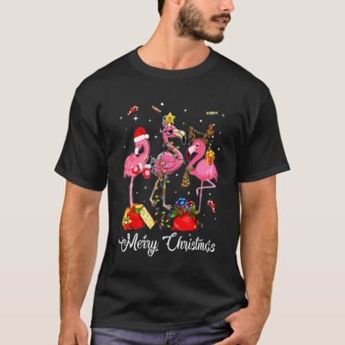 Pink Flamingo Reindeer Santa Hat Funny Merry Chris T_Shirt