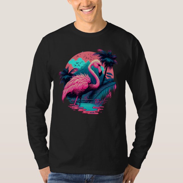 Pink Flamingo Retro Synthwave Pineapple Tropical S T-Shirt (Front)