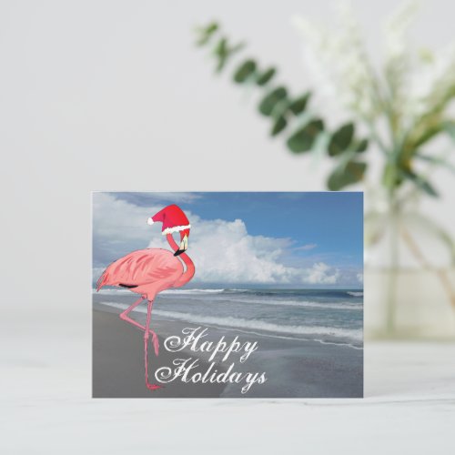 Pink Flamingo Santa Beach Christmas Happy Holidays Holiday Postcard