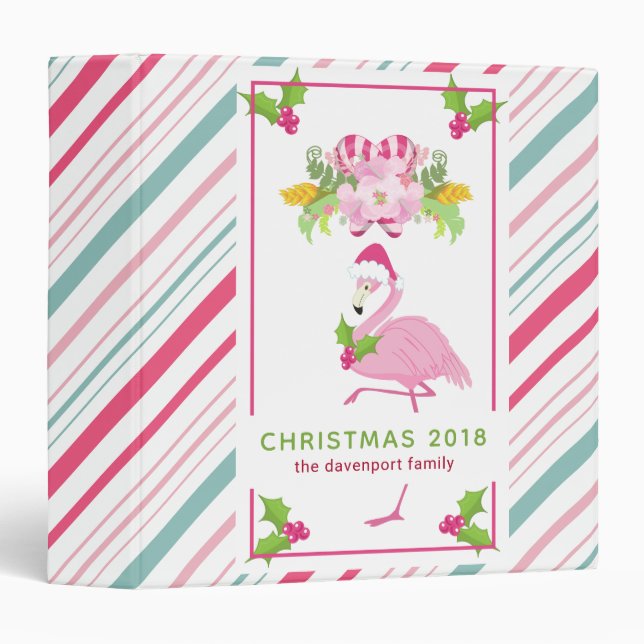 Pink Flamingo Santa Hat Candy Canes and Holly 3 Ring Binder (Front/Spine)