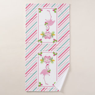 Pink Flamingo Santa Hat Candy Canes and Holly Bath Towel Set