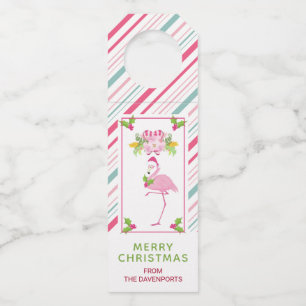Pink Flamingo Santa Hat Candy Canes and Holly Bottle Hanger Tag