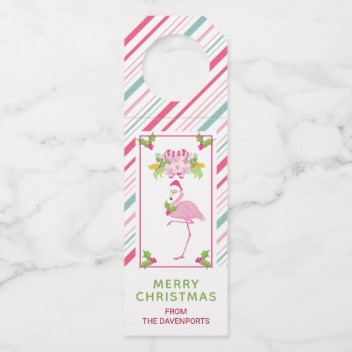 Pink Flamingo Santa Hat Candy Canes and Holly Bottle Hanger Tag
