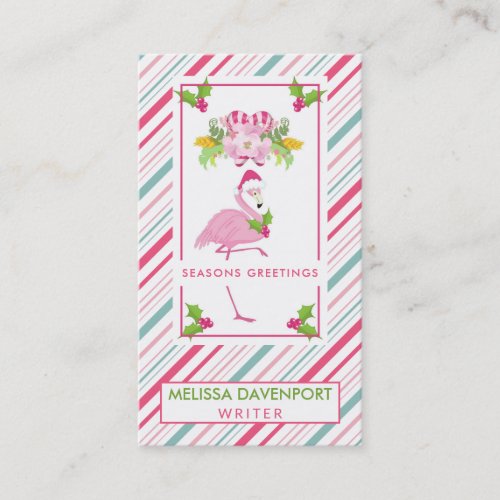 Pink Flamingo Santa Hat Candy Canes and Holly Business Card