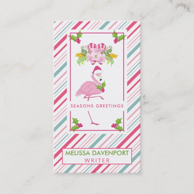 Pink Flamingo Santa Hat Candy Canes and Holly Business Card (Front)