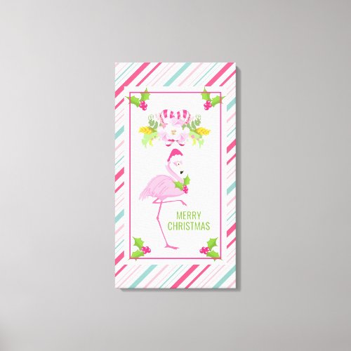 Pink Flamingo Santa Hat Candy Canes and Holly Canvas Print