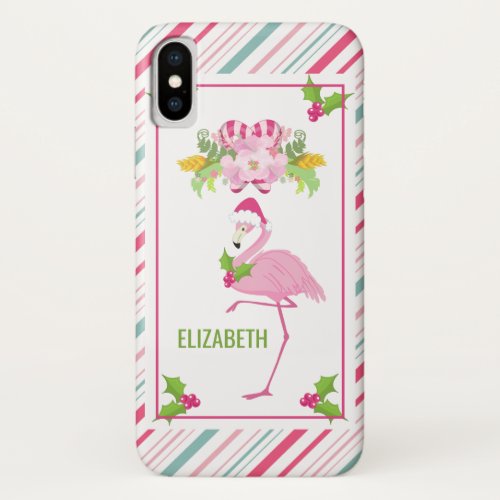 Pink Flamingo Santa Hat Candy Canes and Holly iPhone X Case