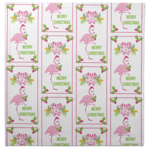 Pink Flamingo Santa Hat Candy Canes and Holly Cloth Napkin