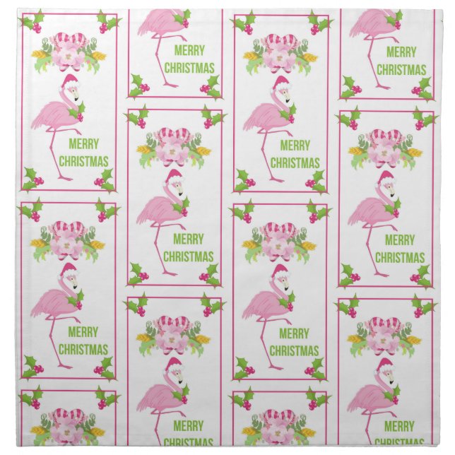 Pink Flamingo Santa Hat Candy Canes and Holly Cloth Napkin (Front)