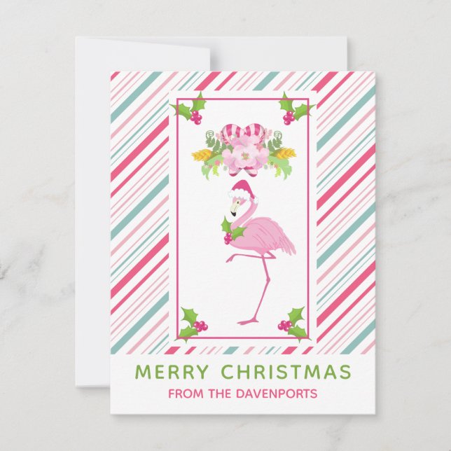 Pink Flamingo Santa Hat Candy Canes and Holly Holiday Card (Front)