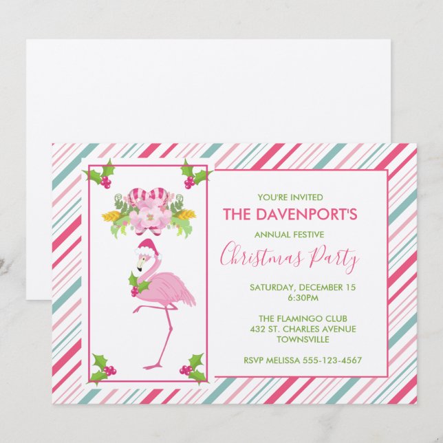 Pink Flamingo Santa Hat Candy Canes and Holly Invitation (Front/Back)
